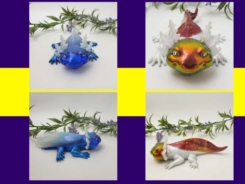 Four-photo grid of the Ice & Fire axolotl from angled top-down views on a white background.