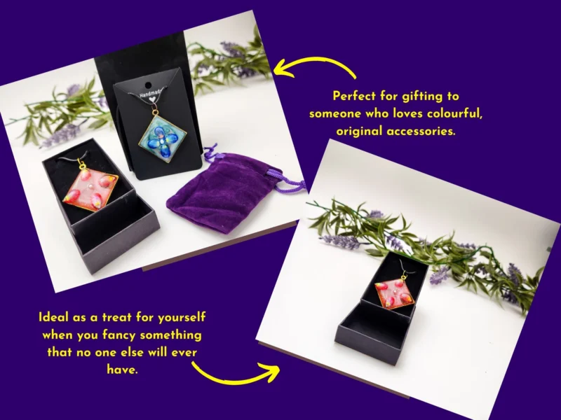 Blue petal square resin pendant necklace displayed on a black jewellery stand.