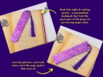Lifestyle “ideal for” graphic showing a purple glitter bookmark used in an open book with callouts.