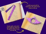 Lifestyle “ideal for” graphic showing a purple glitter bookmark and e-reader grip with callouts on a purple background.
