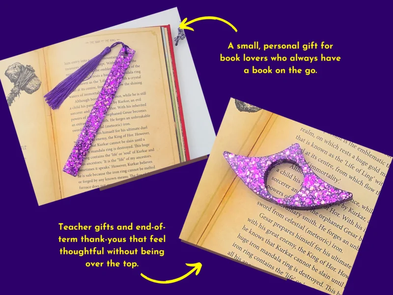 Lifestyle “ideal for” graphic showing a purple glitter bookmark and e-reader grip with callouts on a purple background.