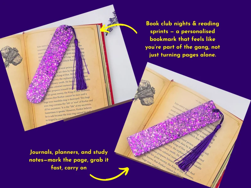 Lifestyle “ideal for” graphic showing a purple glitter bookmark used in an open book with callouts.