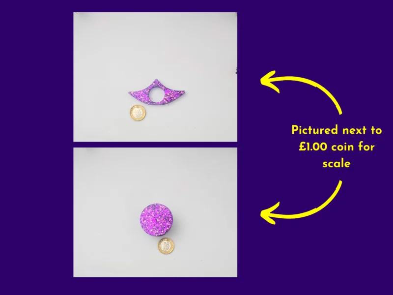 Purple glitter e-reader grip beside a coin for scale, shown in two frames with coin reference.