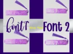 Font options graphic showing Font 1 vs Font 2 personalisation examples on a purple glitter bookmark.