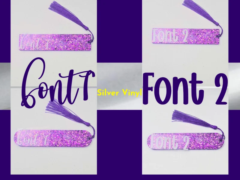 Font options graphic showing Font 1 vs Font 2 personalisation examples on a purple glitter bookmark.