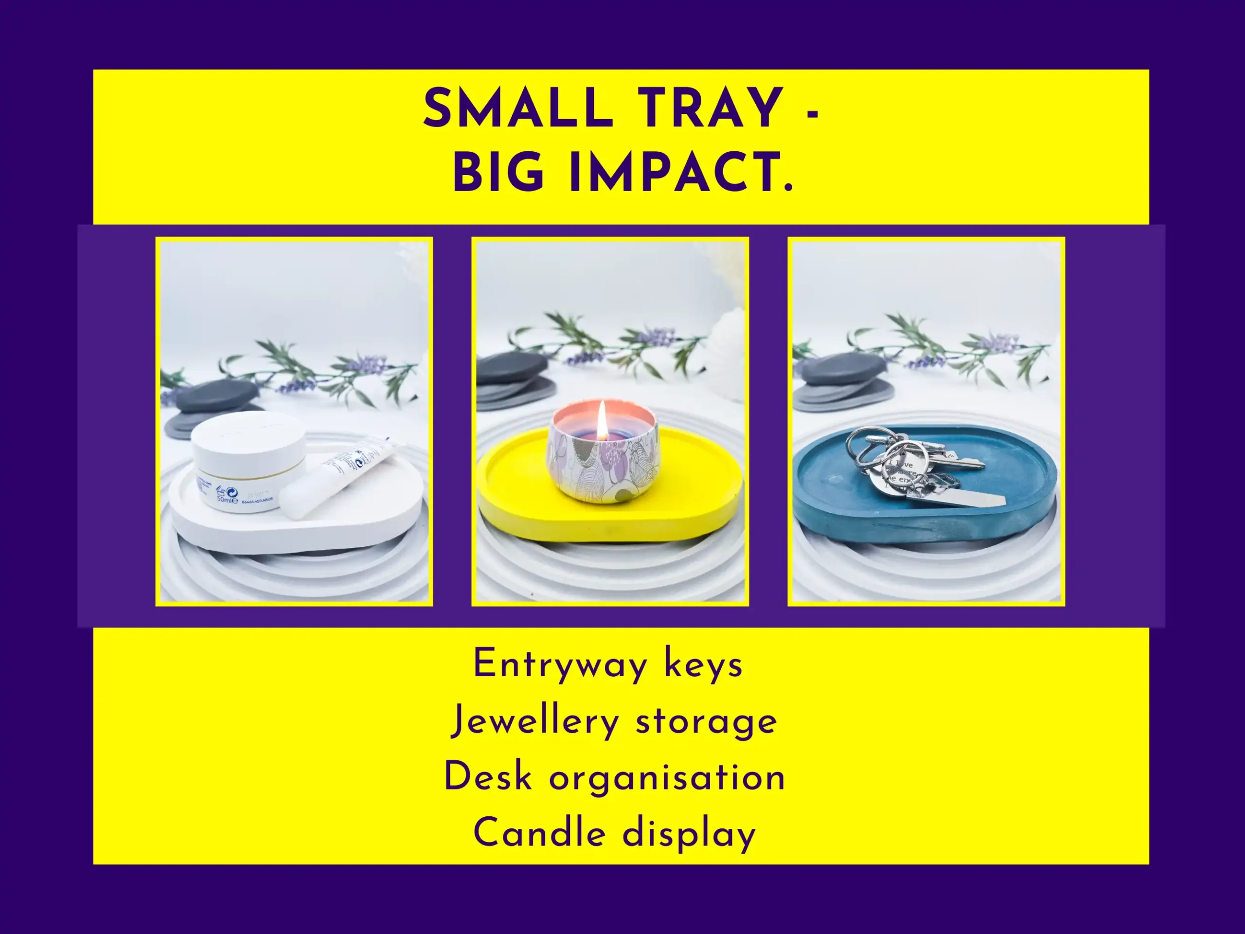 Small eco resin tray lifestyle collage showing keys, jewellery and candle display use for entryway, desk and bedside organisation.