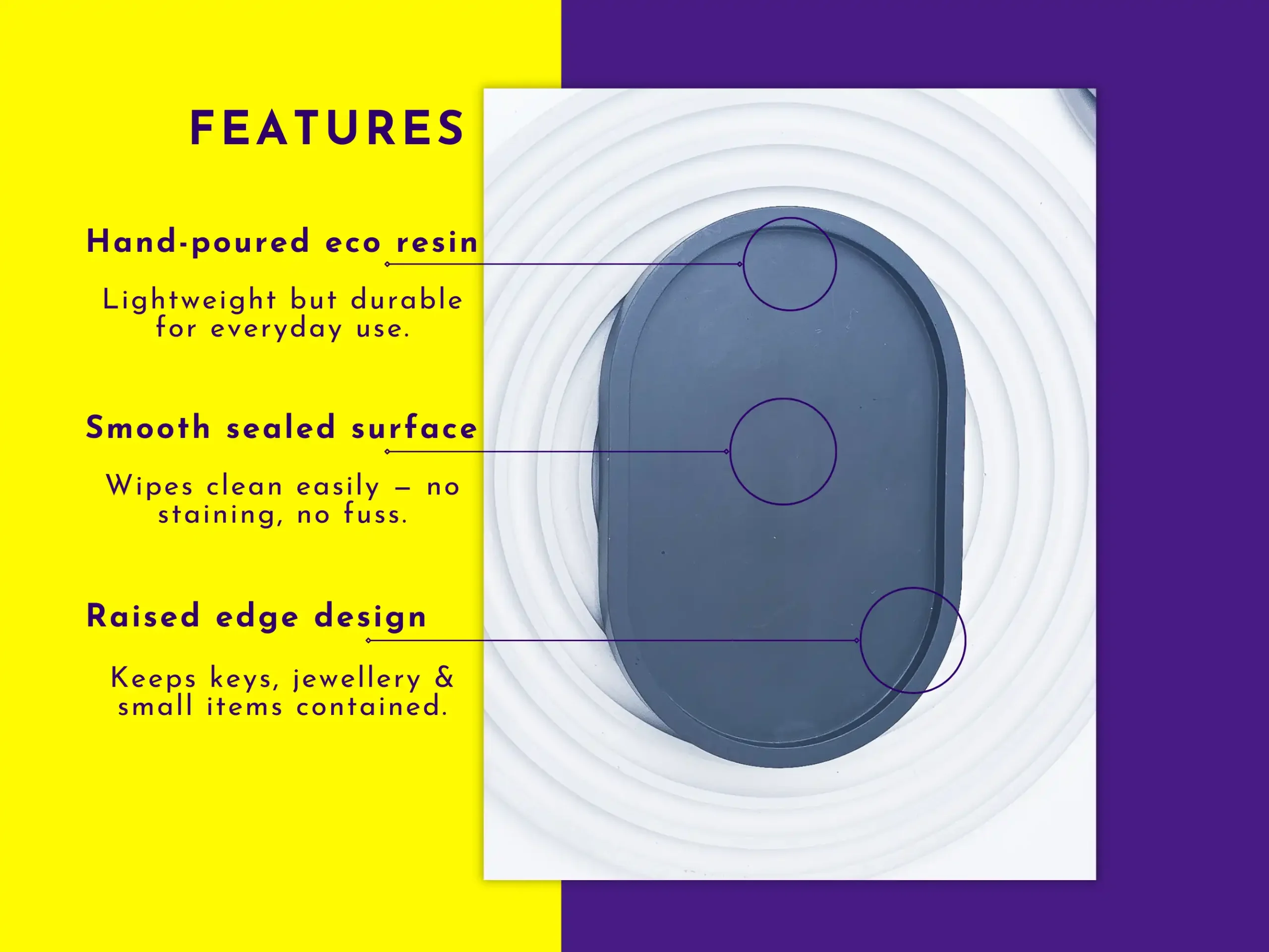 Top view of black eco resin tray highlighting smooth sealed finish, raised edge and everyday durability features.