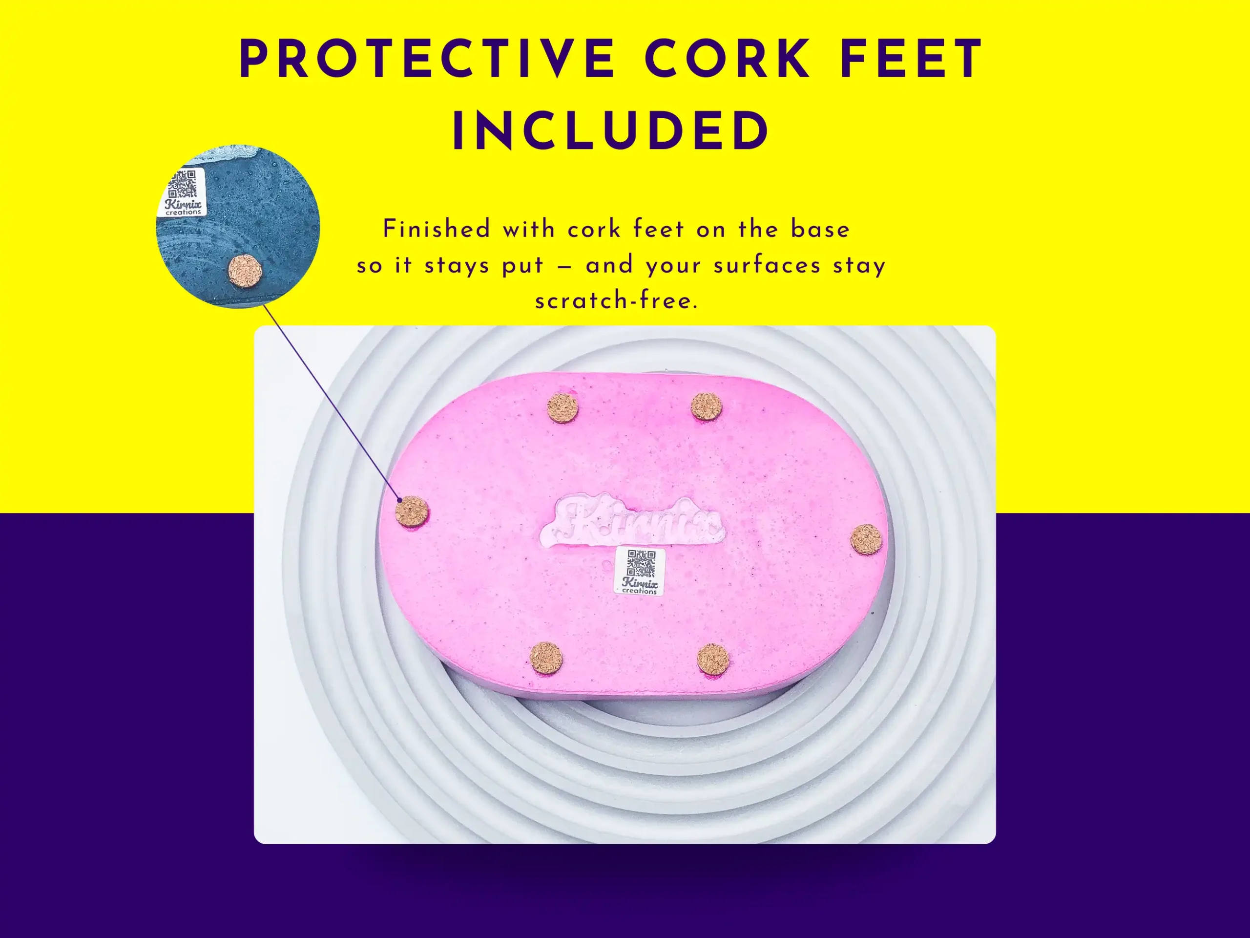 Underside of pink eco resin tray showing protective cork feet for surface protection and stability.