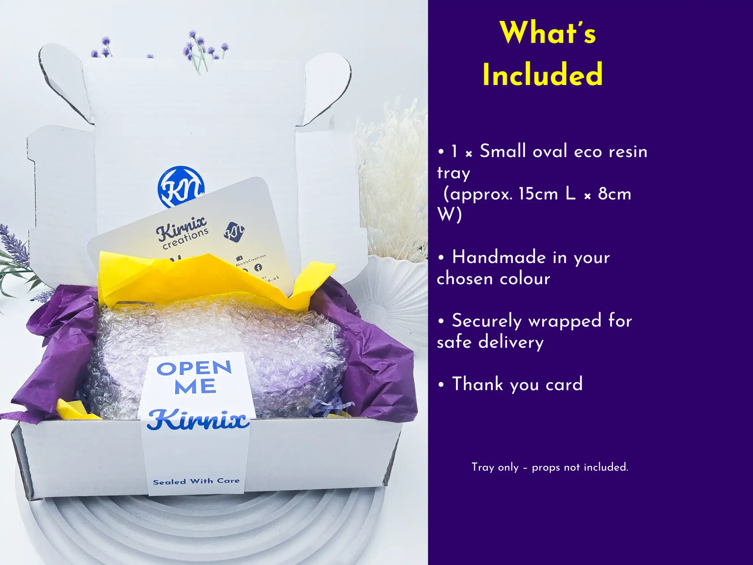 Small eco resin tray packaging and box contents showing what is included with each order.