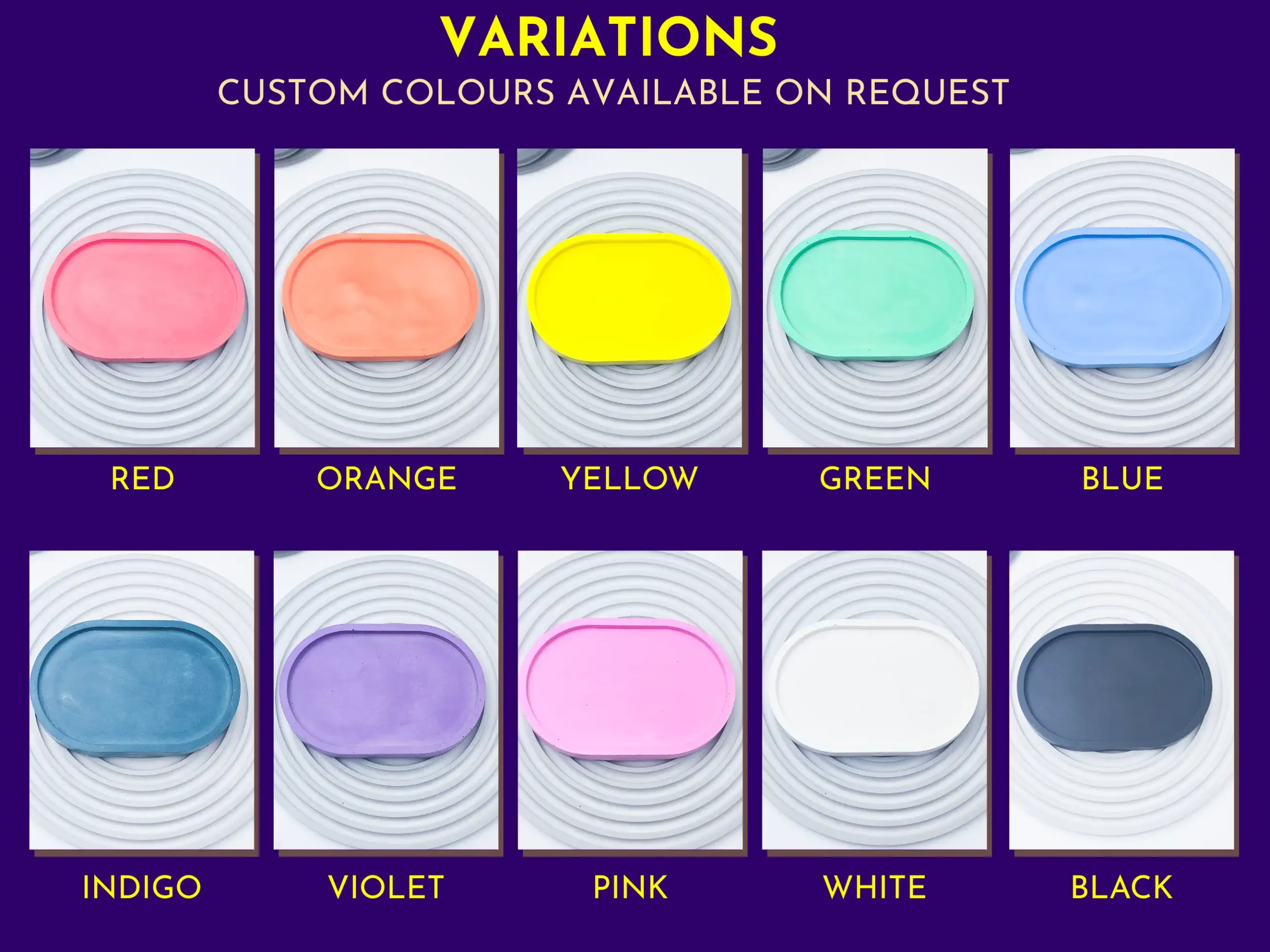 Colour variations of small oval eco resin tray including red, orange, yellow, green, blue, indigo, violet, pink, white and black.