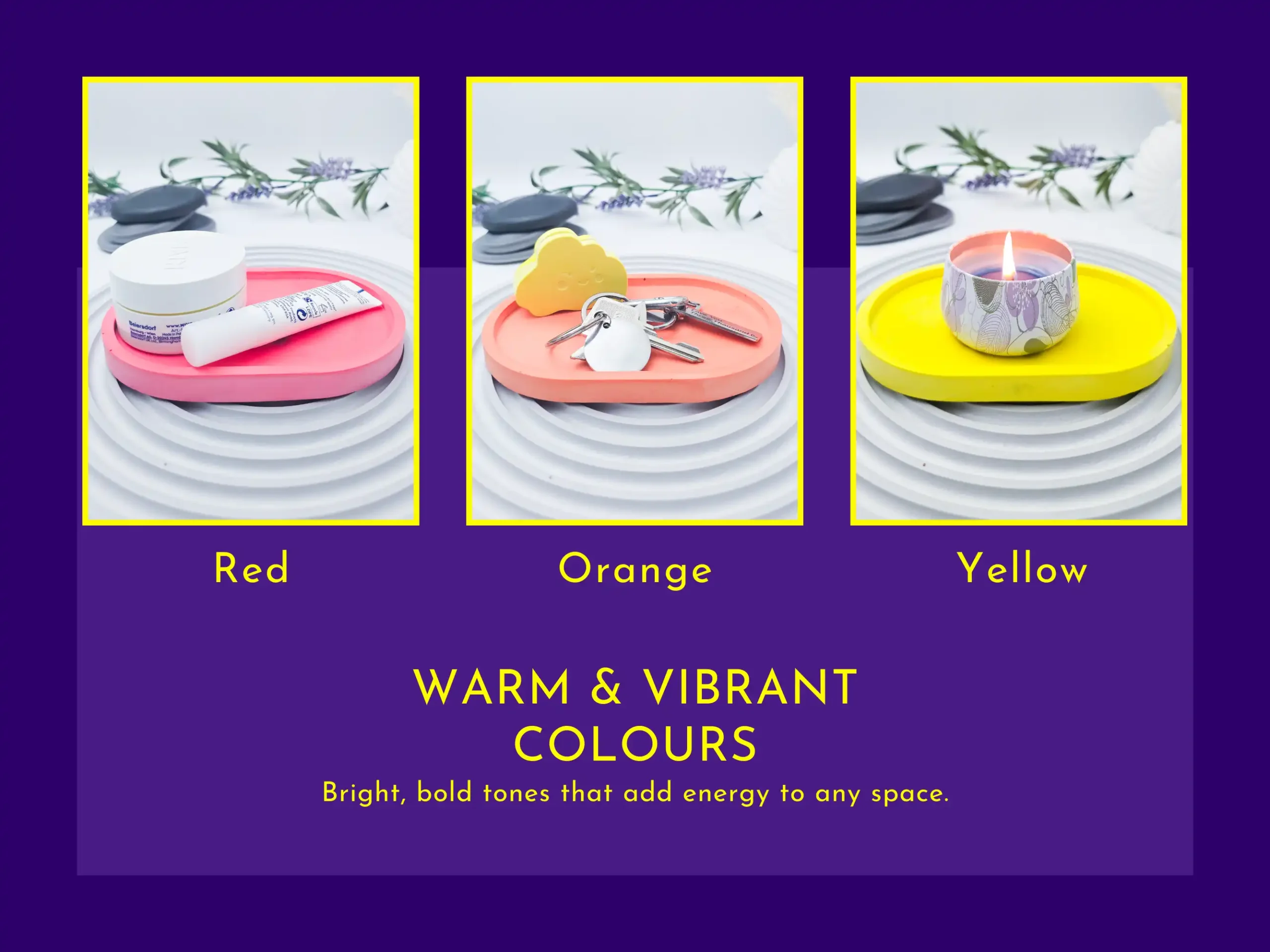 Warm and vibrant colour options for small eco resin tray including red, orange and yellow.