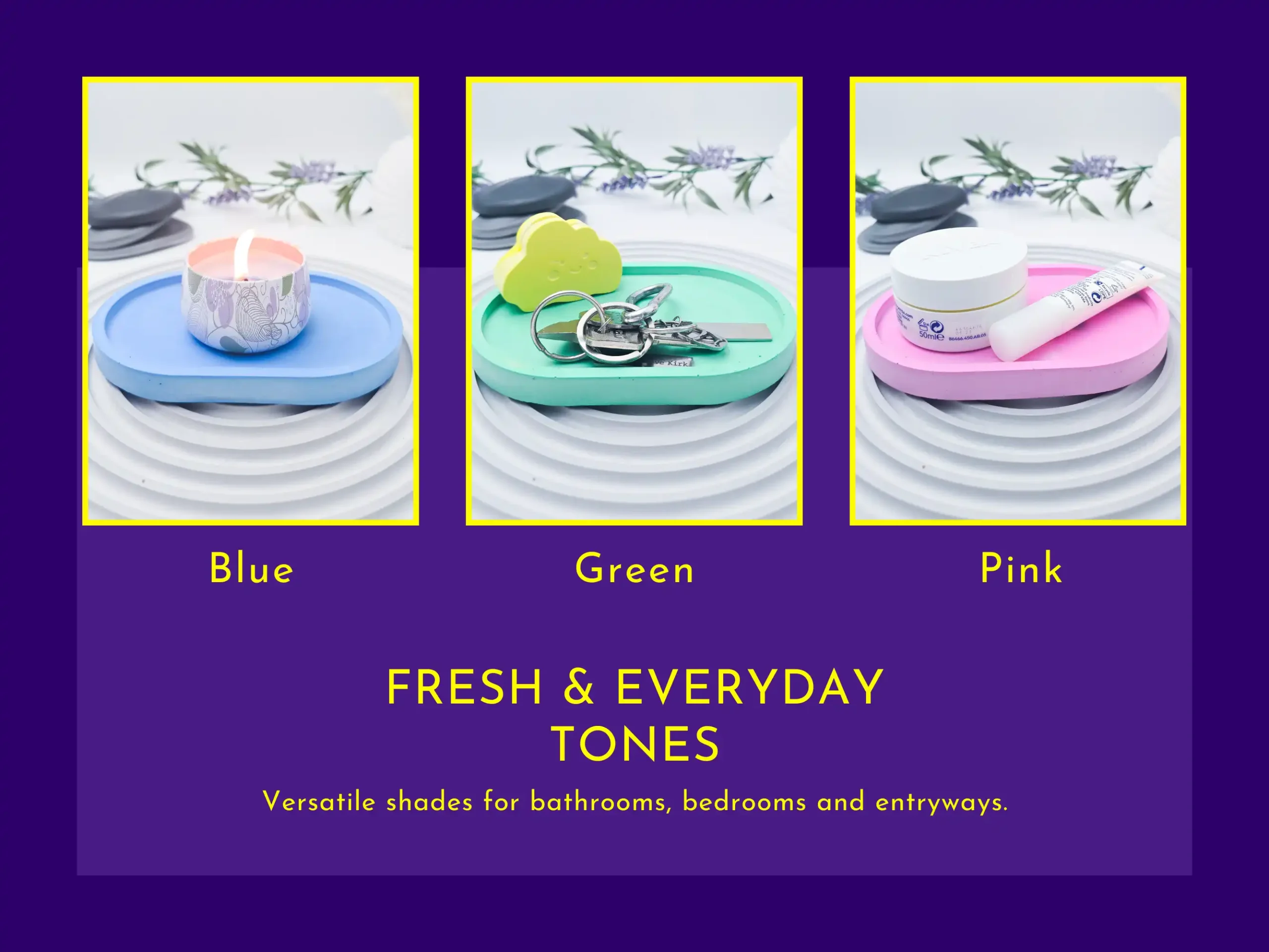 Fresh everyday tones for eco resin tray including blue, green and pink colour options.