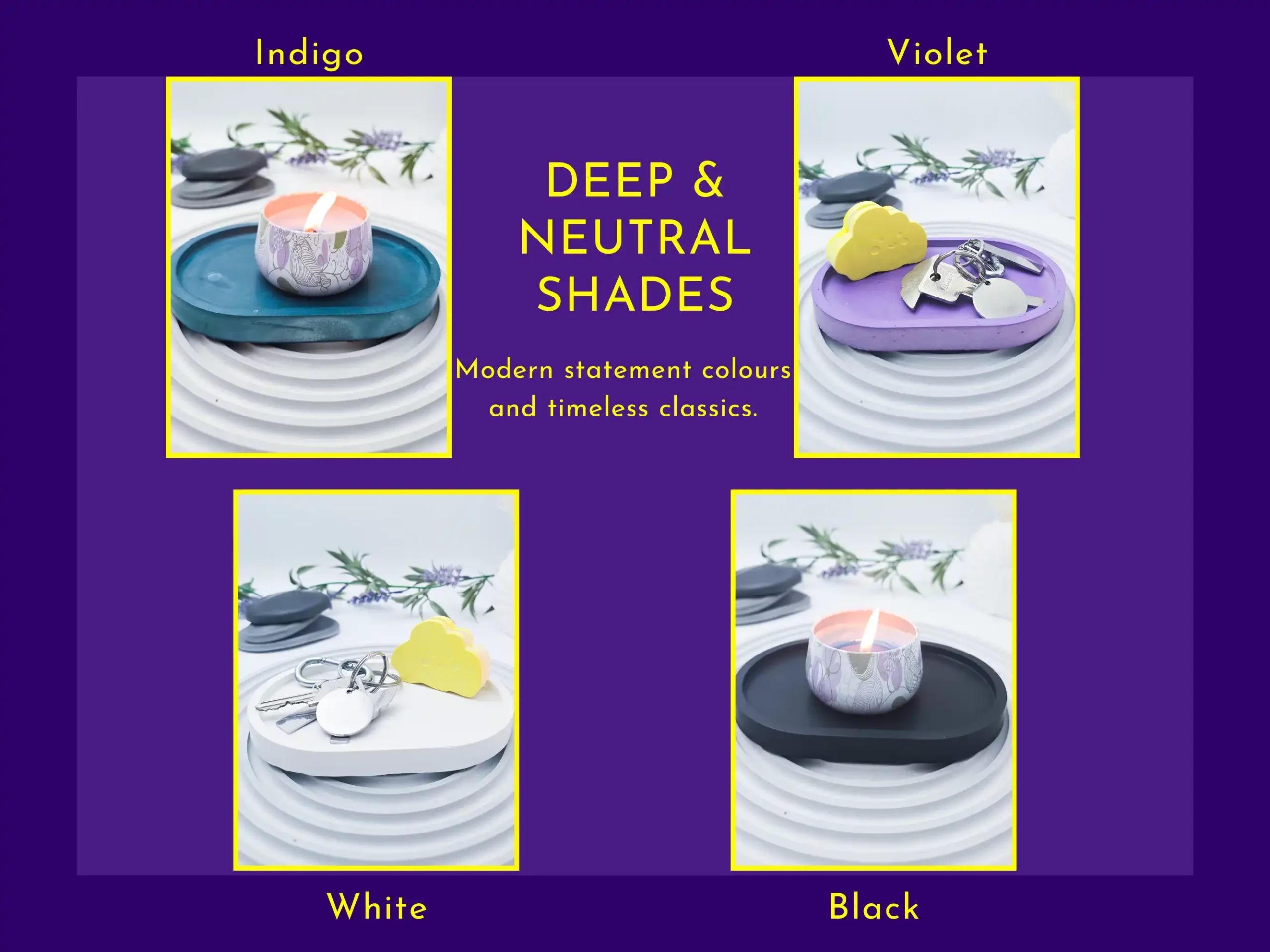 Deep and neutral shades of small oval eco resin tray including indigo, violet, white and black.