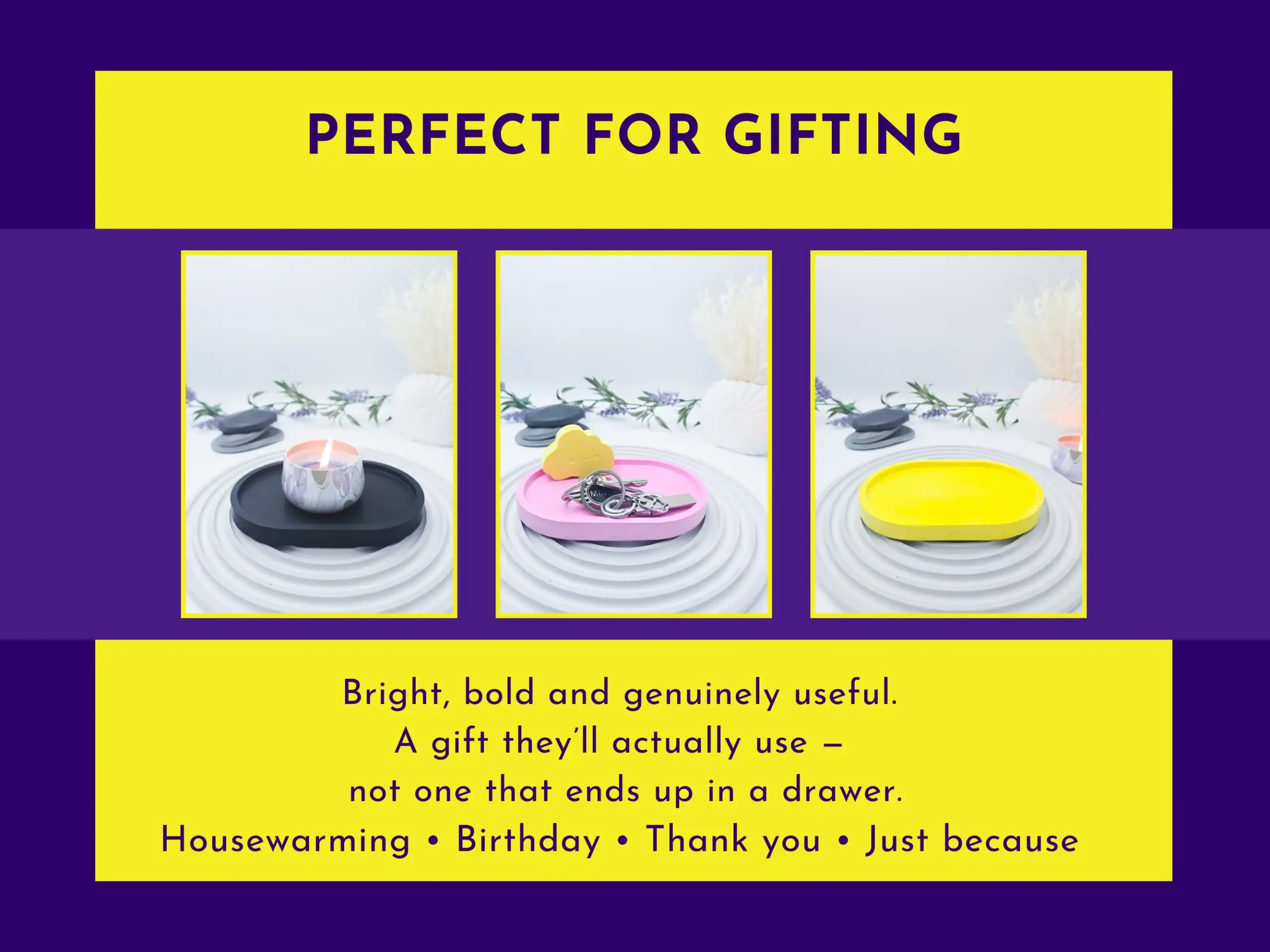 Small eco resin tray gift ideas showing candle, jewellery and key styling for housewarming or thank you gifts.