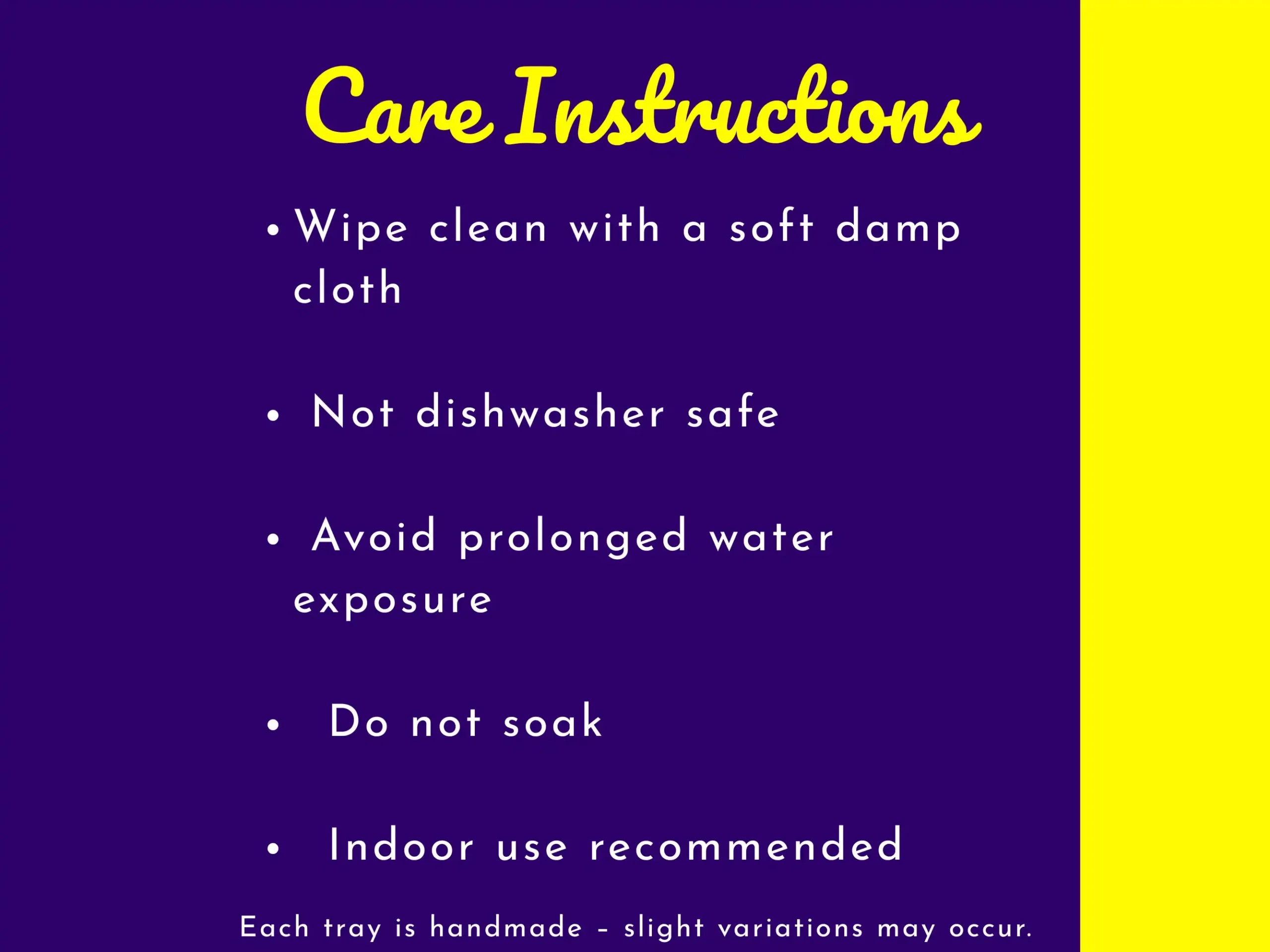 Care instructions for eco resin tray including wipe clean guidance and indoor use recommendation.