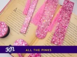 “All the Pinks” hero image showing the full pink glitter set on an open book with banner text.