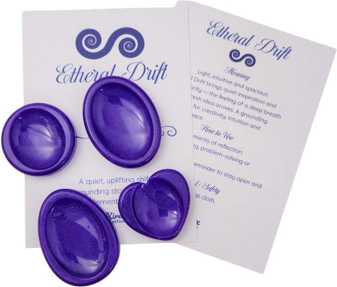 Ethereal Drift purple shimmer resin calming stones with Ethereal Drift meaning and care cards