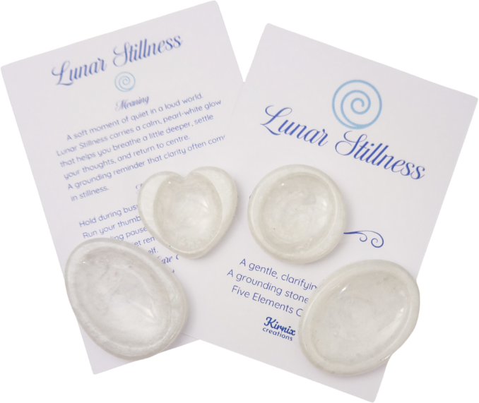Lunar Stillness pearl white shimmer resin calming stones with Lunar Stillness meaning and care cards