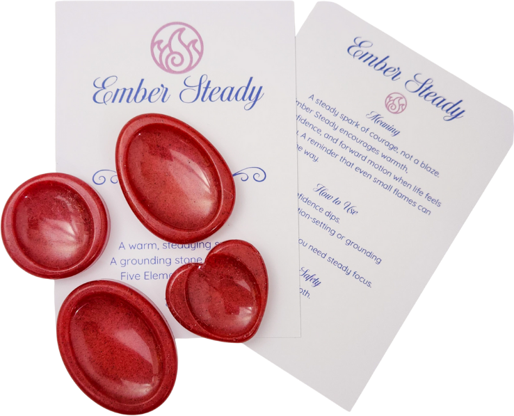 Ember Steady rustic red shimmer resin calming stones with Ember Steady meaning and care cards